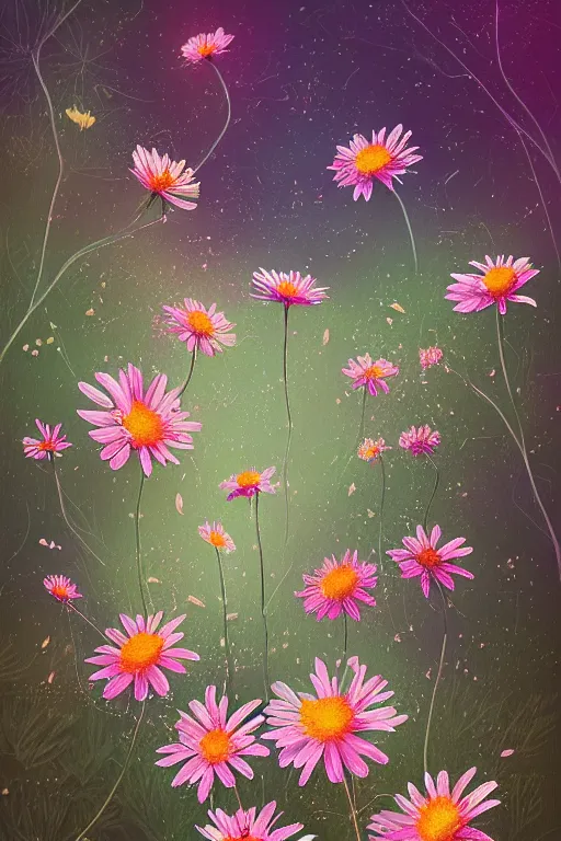 Prompt: beautiful digital matter cinematic painting of whimsical botanical illustration daisies and bokeh by greg rutkowki and alena aenami artstation