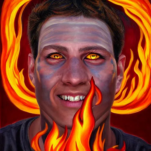 Prompt: a hyper realistic painting of a young fire - man, all face covered with a fire, coherent symmetrical eyes, cunning smile, by jeffrey smith, by andrea kowch, by steve henderson