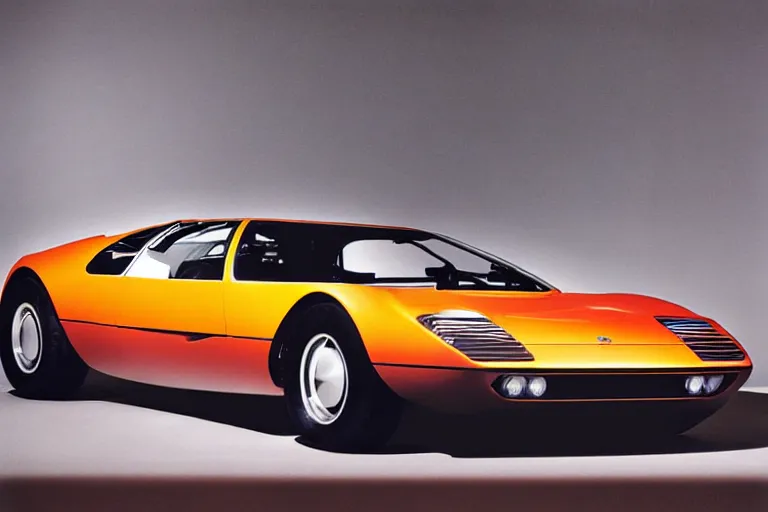 Image similar to designed by giorgetto giugiaro stylized poster of a single 1 9 6 9 miura citroen dm bmw m 1 ( ( mclaren f 1 ) ) delorean concept, thick neon lights, ektachrome photograph, volumetric lighting, f 8 aperture, cinematic eastman 5 3 8 4 film