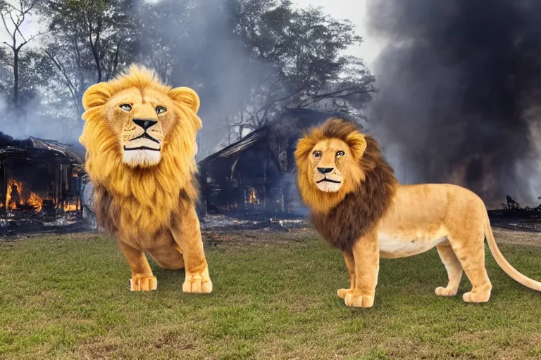 Prompt: disaster nala lion king standing in front of burning house looking at camera by croxot