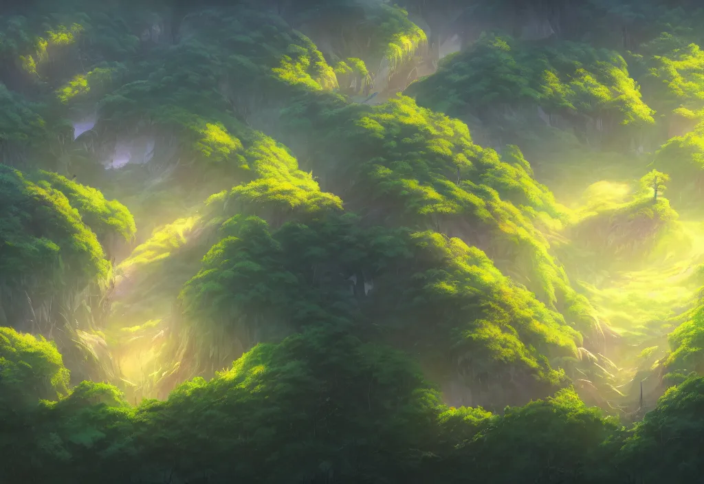 Image similar to high view of the background of a forest that has an endless pit in the bottom of the image, visible brush strokes, forest, dynamic lighting, aesthetics, smooth, d & d, fantasy, asymmetrical, elegant, matte painting, by makoto shinkai borderlands and by feng zhu rossdraws, fan art, cartoon style