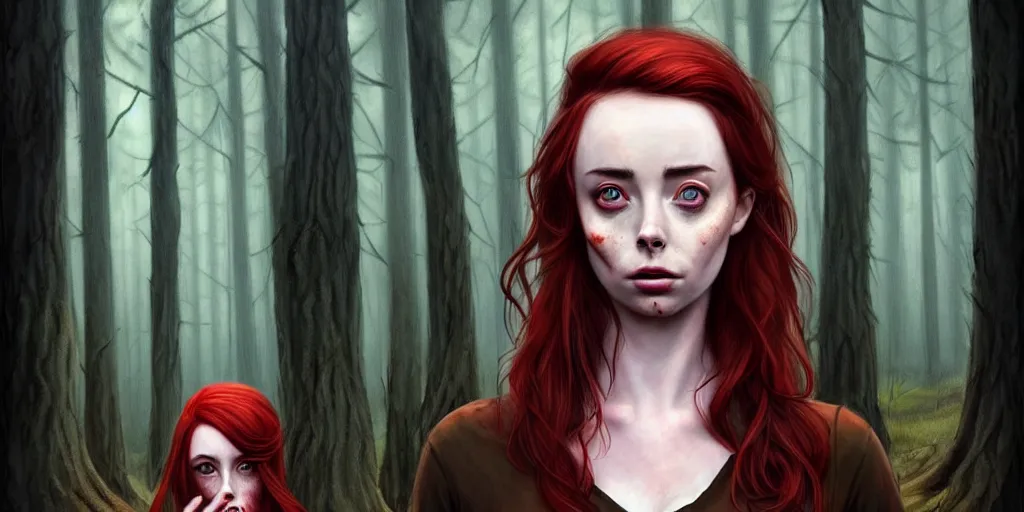 Prompt: surrounded by trees, realistic character concept, gorgeous Kacey Rohl, red hair, small freckles, symmetrical face, symmetrical eyes, full body, covered in blood, dark forest, trees, shorter neck, cinematic lighting, Joshua Middleton and artgerm, Wendigo lurking in the background, fear anxiety terror
