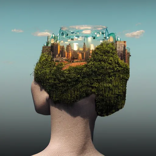 Prompt: cute city growing out of a human head side on made out of glass, 8 k detailed photograph, unreal engine, trending on artstation, emotional surrealist art, very very beautiful