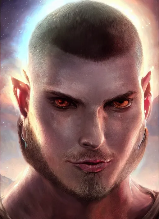 Image similar to buzzcut hair stubble male, aphelios draven, dndbeyond, bright, realistic, dnd character portrait, full body, art by ralph horsley, dnd, rpg, lotr game design fanart by concept art, behance hd, artstation, deviantart, global illumination radiating a glowing aura global illumination ray tracing hdr render in unreal engine 5