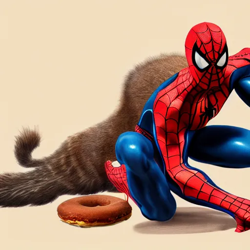 Image similar to spider - man sit on the raccoon and eating donuts, concept art, trending on artstation, highly detailed, intricate, sharp focus, digital art, 8 k