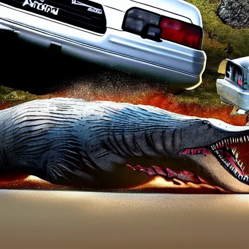 Image similar to beautiful detailed long shot photograph of a spinosaurus crushing a nissan skyline r34 under its feet