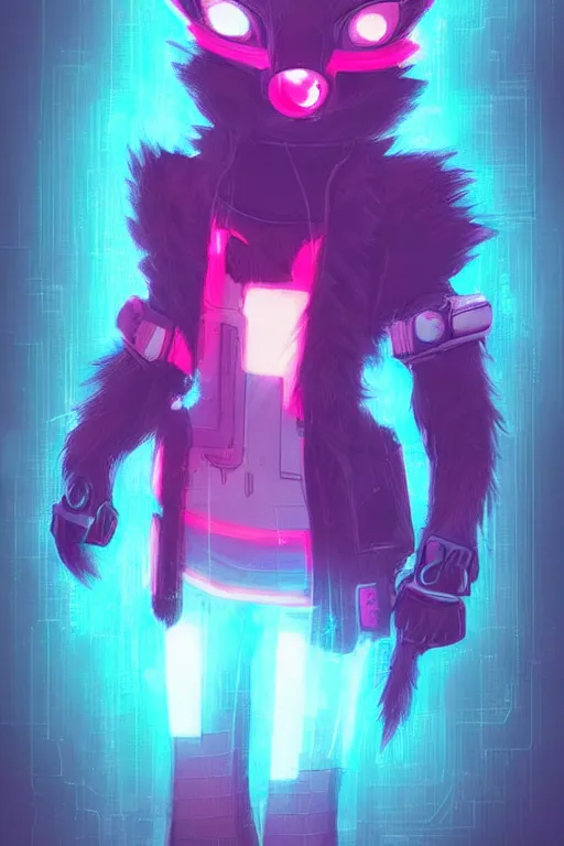 Image similar to a cute cyberpunk anthropomorphic fox with a fluffy tail, comic art, trending on furaffinity, cartoon, kawaii, backlighting, furry art!!!, neon, concept art, glitch art