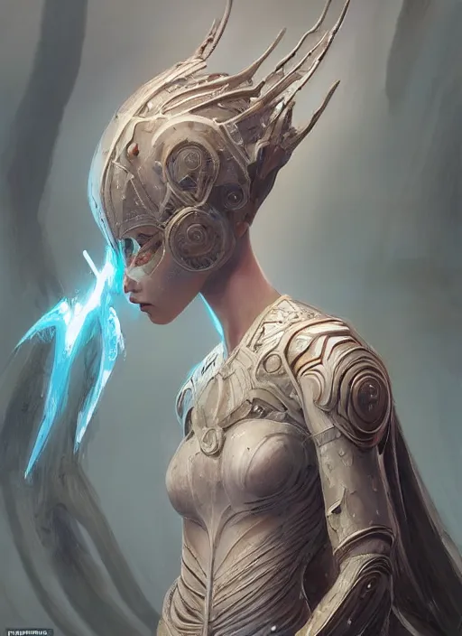 Image similar to a professional painting of a beautiful young female alien, clothed in ethereal armor, olive skin, long dark hair, beautiful bone structure, symmetrical facial features, intricate, elegant, digital painting, concept art, smooth, sharp focus, illustration, from Valerian and the City of a Thousand Planets, by Ruan Jia and Mandy Jurgens and Artgerm and William-Adolphe Bouguerea