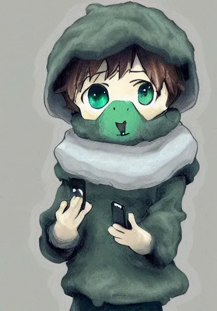 Image similar to little boy wearing sheep suit using a smartphone, gray, blue, green and brown pallet color. made in abyss art style, inspired in kris from deltarrune, cute detailed artwork, anatomically correct