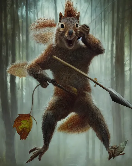 Prompt: oil painting of Anthropomorphized Angry Squirrel attacking, holding spear, wearing leaf cloak, sharp focus, fantasy style, octane render, volumetric lighting, 8k high definition, by greg rutkowski, highly detailed, trending on art Station, magic the gathering artwork, magical forest backround, centered