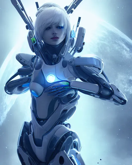 Image similar to perfect android girl on a mothership, warframe armor, beautiful face, scifi, futuristic, galaxy, nebula, raytracing, dreamy, long white hair, blue cyborg eyes, sharp focus, cinematic lighting, highly detailed, artstation, divine, by gauthier leblanc, kazuya takahashi, huifeng huang