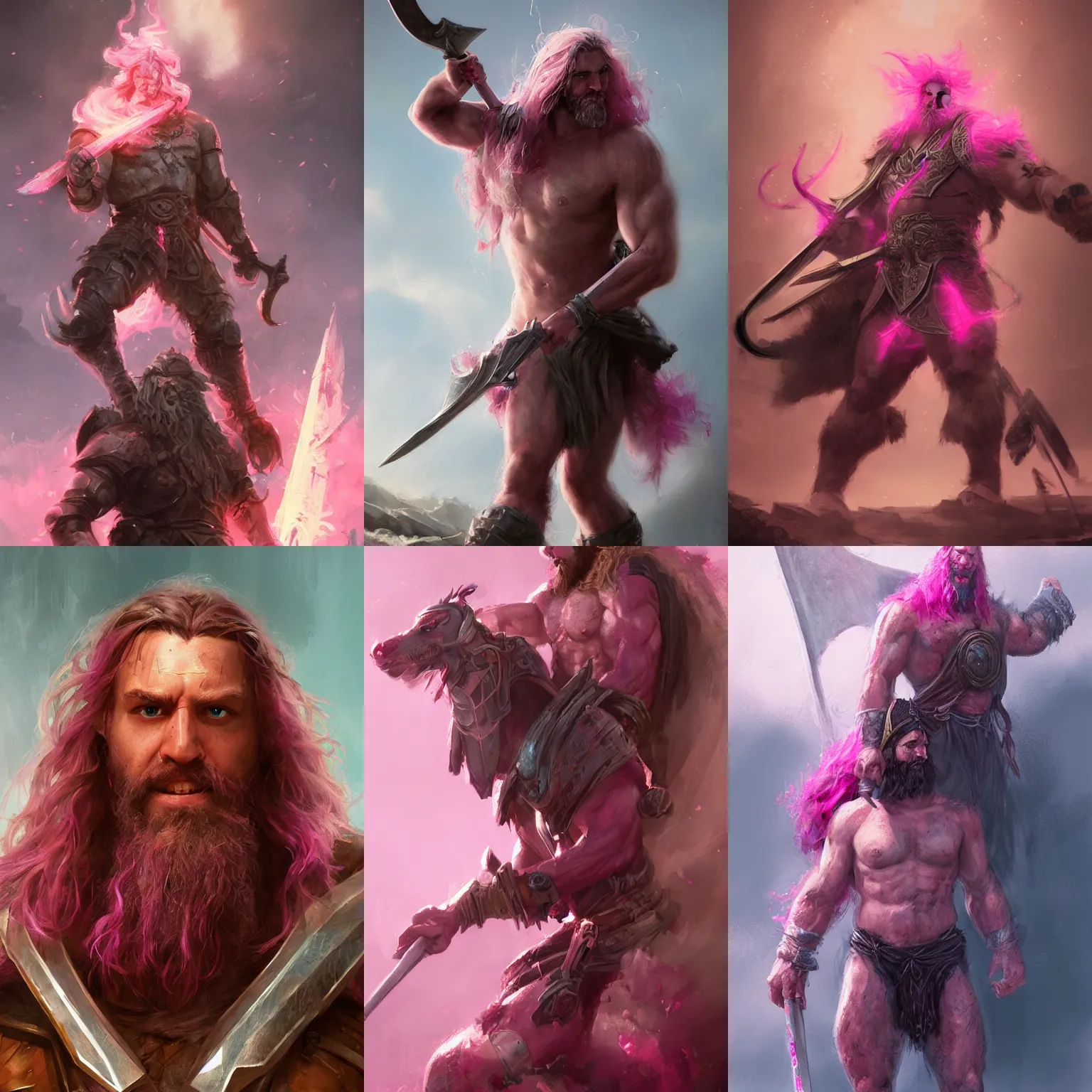 Prompt: Buff Man, Shining pink armor, long beard, messy hair, high fantasy, greatsword, Artstation, octane, cgsociety, by Frank Franzzeta