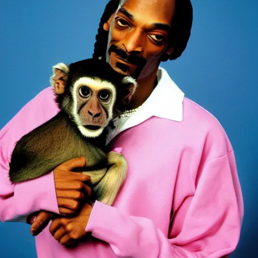 Prompt: Snoop Dogg holding a monkey for a 1990s sitcom tv show, Studio Photograph, portrait, C 12.0