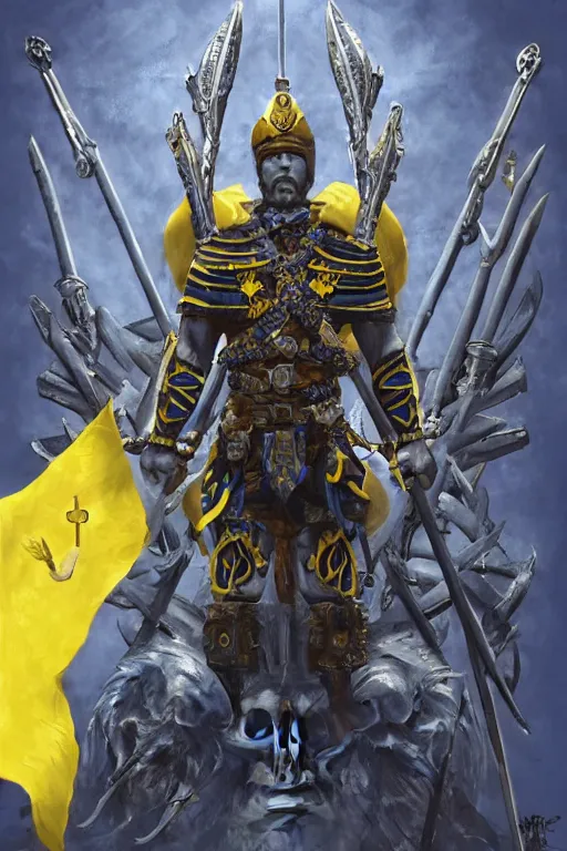 Image similar to a distant shot of a Ukrainian super soldier with blue and yellow flag behind him and a trident symbol on the chest standing alone on a huge pile of skulls posing as a winner, masculine muscular figure, D&D, fantasy, intricate, elegant, highly detailed, extremely detailed, digital painting, artstation, concept art, matte, smooth, sharp focus, illustration, art by Artgerm and Greg Rutkowski and Alphonse Mucha