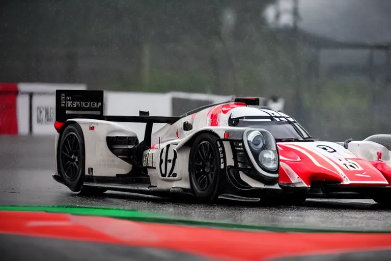 Prompt: beautiful, japanese japanese art art of the porsche 9 1 9 in heavy rain at circuit de spa - francorchamps, 8 k