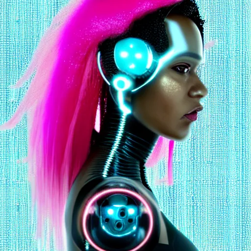 Image similar to portrait of a beautiful caribbean woman with pink hair as a cyberpunk cyborg half robot, revealing wires and electronics, circuit boards, wire management, sci - fi, missing panels, intricate abstract upper body intricate artwork, concept art, octane render, deviantart, cinematic, key art, hyperrealism, iridescent accents, portrait photograph, nikon 3 5 mm, photograph by greg rutkowski