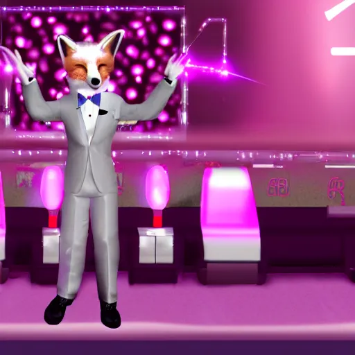 Prompt: Second Life screenshot of a fox in a sparkly pink tuxedo in a GYC night club