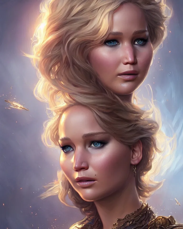 Image similar to Jennifer Lawrence, closeup, D&D, fantasy, intricate, elegant, highly detailed, digital painting, artstation, concept art, matte, sharp focus, illustration, hearthstone, art by Artgerm and Greg Rutkowski and Alphonse Mucha