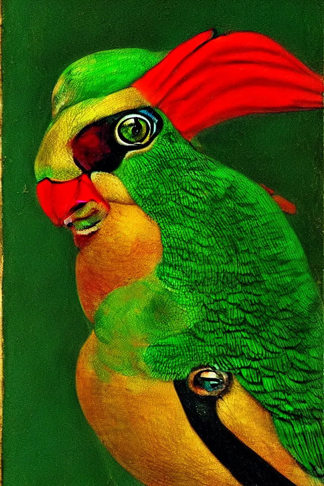 Image similar to a renaissance close up portrait of a green duck parrot as a ninja turtle, centered, triumphant, beautiful intricate painting