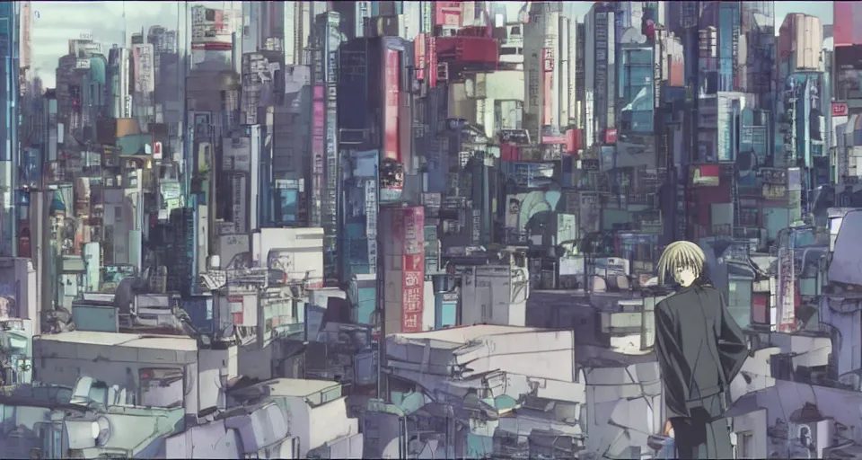 Image similar to Scene within the location called 'Public security section 9'. Cyber anti-crime background environment. Screenshot from an episode of the anime 'Ghost in the shell: Stand Alone Complex' (2003). Produced by 'Production I.G'. Original manga by Masamune Shirow. Art direction by Kazuki Higashiji and Yuusuke Takeda.