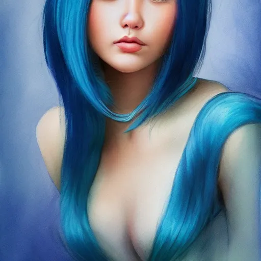 Image similar to very beautiful girl, blue hair, by Tran Ross