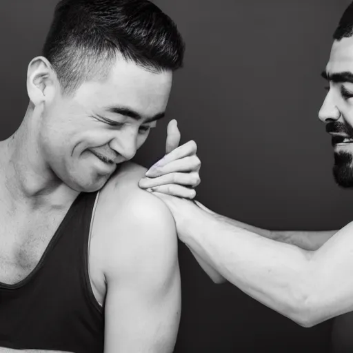 Image similar to man getting his armpits tickled by another man