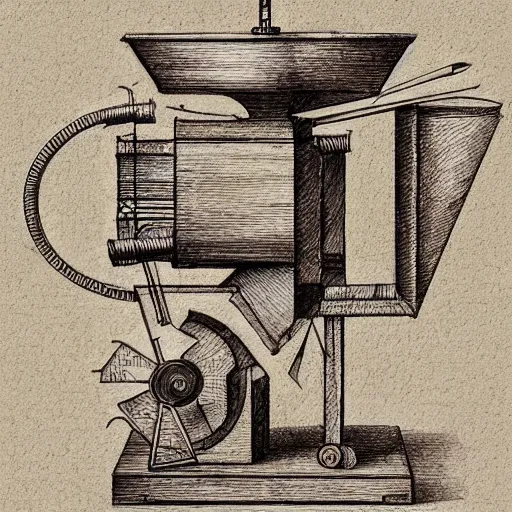 Image similar to various sketches of a mechanical coffee grinder in the style of leonardo da vinci, ultra detailed, scribbles, technical drawing, engineering blueprints