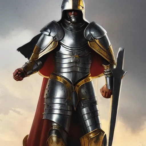 Prompt: man in crusader armor, helmet and white cape with yellow kingdom of jerusalem emblem on it drawn by greg rutkowski realistic high detail