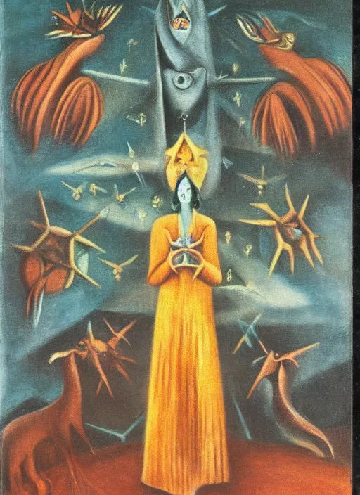 Prompt: an animation still painted by leonora carrington and remedios varo, tarot card, technicolor 4 k