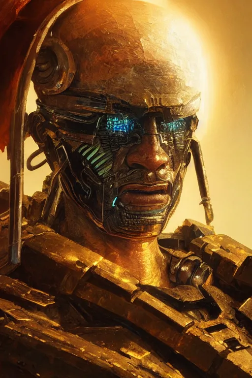 Prompt: close up portrait of an ancient cyborg warrior, japan borg, dramatic backlighting, golden hour, autochrome, high contrast, highly detailed, sharp focus, digital painting, concept art, illustration, trending on artstation, art by greg rutkowski and ruan jia and greg hildebrandt