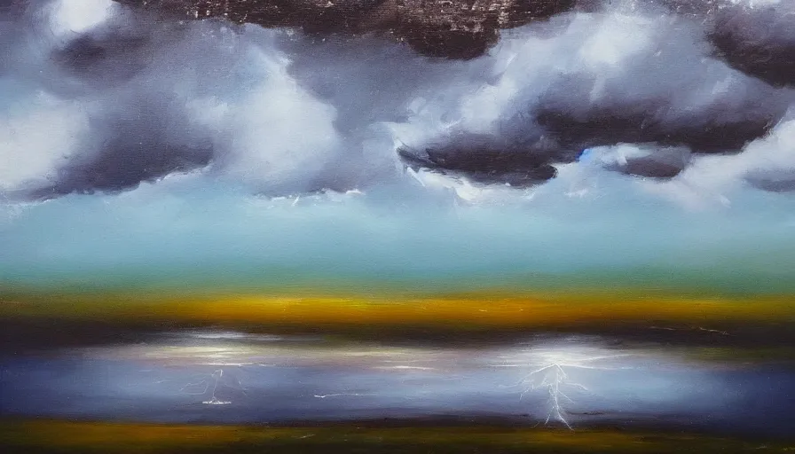 Image similar to A beautiful abstract oil painting of a rainy landscape; lightning; a lonely tree