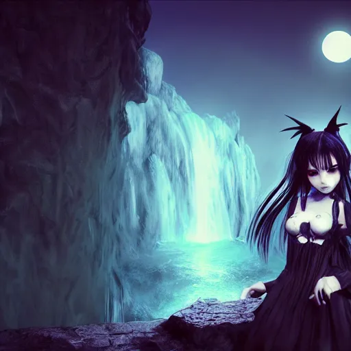 Image similar to full shot portrait of angry darkness cute anime girl under waterfall at moonlight, gothic wearing, inspired by Tim Burton, Norihiro Yagi, Marc Simonetti, Amano, Juri Misaki, detailed, unreal engine 4k volumetric light, fog,