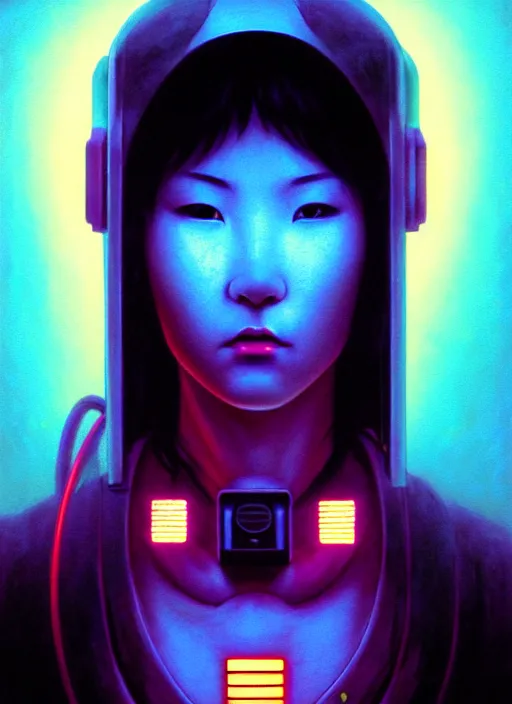 Prompt: cinematic bust portrait of a Japanese female cyberpunk hacker, head and chest only, exotic alien features, grunge, noir, low-key, glowing lights, robot parts, Tim Hildebrandt, Wayne Barlowe, Bruce Pennington, donato giancola, larry elmore, oil on canvas, masterpiece, trending on artstation, featured on pixiv, cinematic composition, dramatic pose, beautiful lighting, sharp, details, hyper-detailed, HD, HDR, 4K, 8K