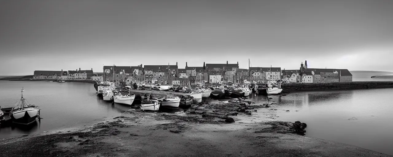 Prompt: a landscape photograph of the harbour at Stromness orkney, by Vanda Ralevska, wide angle, ethereal, fog, quiet, tranqil, light, high-key