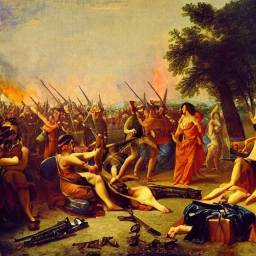 Prompt: The beating of a million dreams, the fire of a million guns, Civilization, a classical painting,