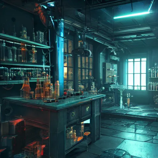 Image similar to cyberpunk alchemy laboratory full of potions, criri from the witcher. stunning 3 d render, flesh texture, realistic, highly detailed attributes and atmosphere, dim volumetric cinematic lighting, 8 k octane detailed render, post - processing, masterpiece, rtx on, rendering on unreal engine