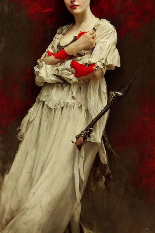 Prompt: Solomon Joseph Solomon and Richard Schmid and Jeremy Lipking victorian genre painting full length portrait painting of a young beautiful woman traditional german french fashion model pirate wench in fantasy costume, red background