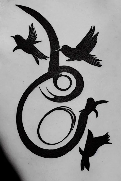 Prompt: a simple tattoo design of birds flying in a 3 spiral, black ink, logo