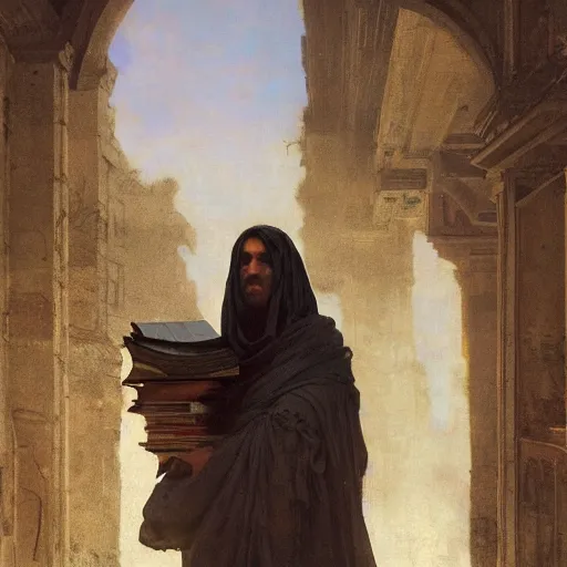 Image similar to half portait of magican wearing a closed cowl and carrying big old book! chained to the wrist, jeremy mann, jean leon gerome, tiepolo, alphonse mucha, greg rutkowski, face in the shadows, ( ( ruins of ancient rome ) ), at dusk, mysterious atmosphere, sunrays, dof, high detailed, 8 k