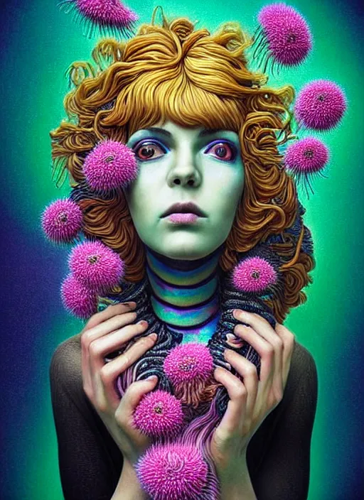 Image similar to hyper detailed 3d render like a Oil painting - Ramona Flowers with wavy black hair wearing thick mascara seen out Eating of the Strangling network of colorful yellowcake and aerochrome and milky Fruit around her neck and Her staring intensely delicate Hands hold of gossamer polyp blossoms bring iridescent fungal flowers whose spores black the foolish stars by Jacek Yerka, Mariusz Lewandowski, silly playful fun face, Houdini algorithmic generative render, Abstract brush strokes, Masterpiece, Edward Hopper and James Gilleard, Zdzislaw Beksinski, Mark Ryden, Wolfgang Lettl, Dan Hiller, hints of Yayoi Kasuma, octane render, 8k