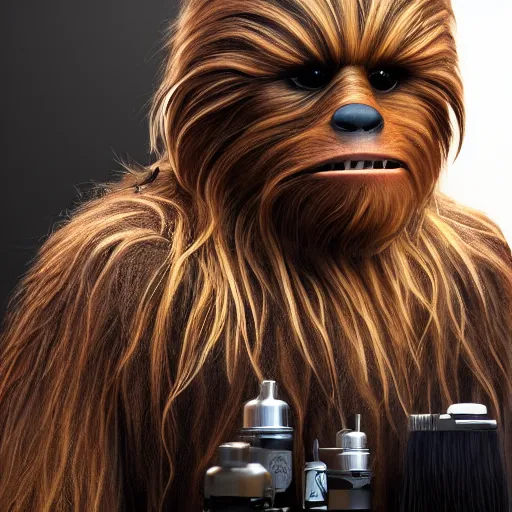 Image similar to chewbacca sitting at the hair stylist, painting, 8k, artstation, cinematic, hyperrealistic, extreme details