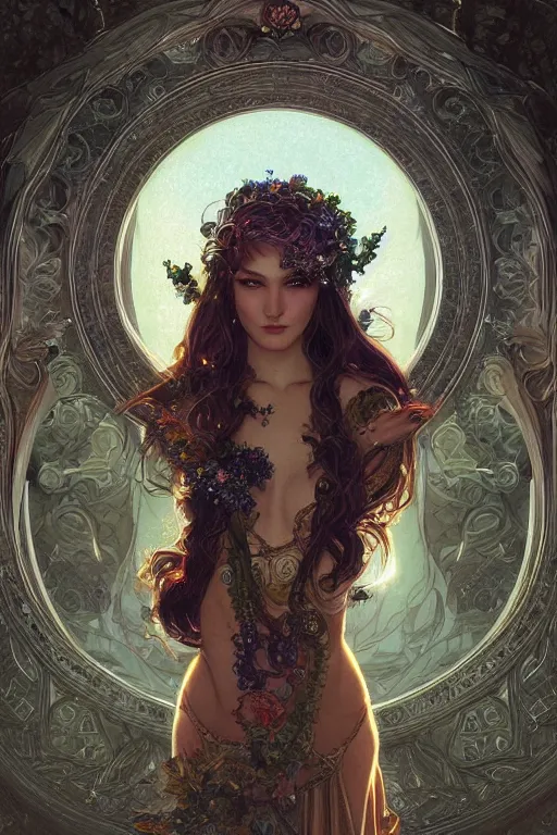 Image similar to portrait of jewel elf oracle physically accurate, moody dynamic lighting, very very intricate, very very elegant, highly detailed, concept art, smooth, very beautiful, sharp focus, illustration, art by artgerm and greg rutkowski and alphonse mucha digital painting, artstation, in the style of Rob Lefield and Dan Mumford , trending on artstation, digital art,surrealism ,macro,blueprint ,vaporwave ,