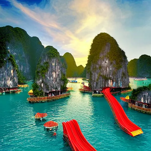 Prompt: halong bay vietnam waterpark with waterslides, digital art, cinematic lighting, epic composition, highly detailed