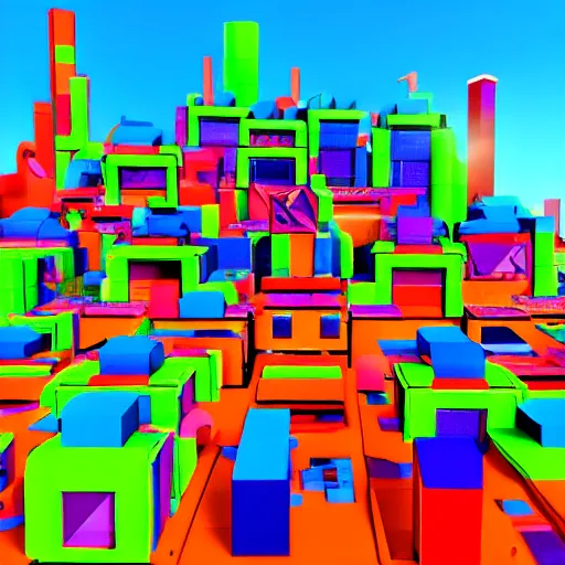 Image similar to futuristic city on a mountainside, colorful city, q - bert blocks, colorful blocks on hillside, 3 d blocks, cel - shading, cel - shaded, 2 0 0 1 anime, bright sunshine