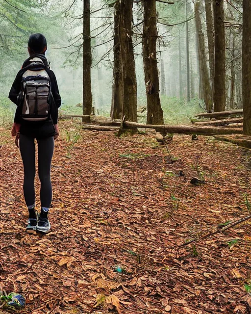 Image similar to Girl wearing backpack and adventure clothes standing in a forest, by Donglu Yu.