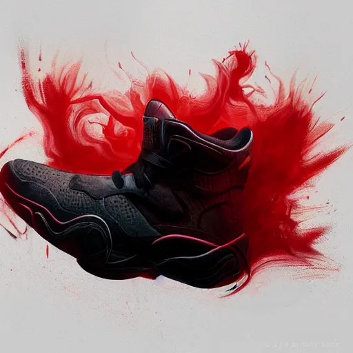 Prompt: concept art of a sneaker, end of everything, in the style of andrei riabovichev, peter mohrbacher, volumetric lighting, surreal, red + white + black complicated colors