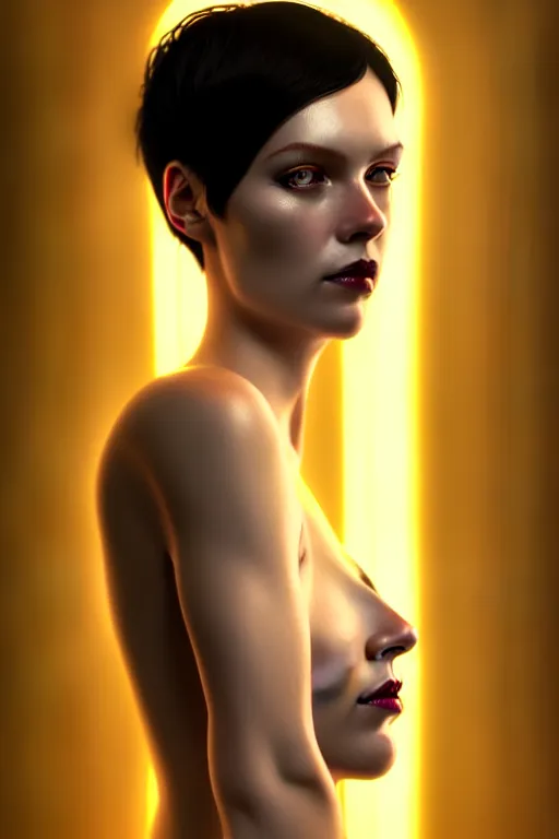 Image similar to Portrait of a beautiful pale skin Nordic female with short black hair, elegant, photorealistic, highly detailed, artstation, smooth, sharp focus, gold ornaments, neon lighting, sci-fi, art by Klimt.