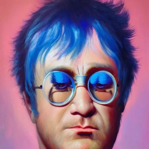 Image similar to midsommar blue hair elton john lennon, oil painting, emotional vision, artstation