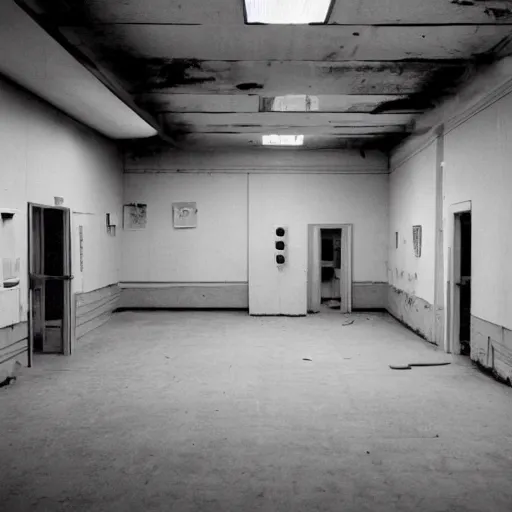 Prompt: surveillance found footage of a cluttered abandoned soviet laboratory, dark fluorescent lighting, liminal space