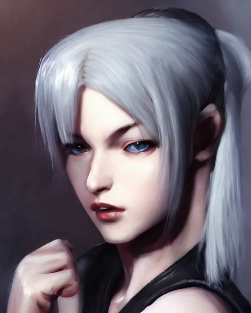 Image similar to tifa lockhart with white hair, beautiful face, perfect, attractive, illuminated, ultra realistic, atmosphere, cinematic, artstation, highly detailed, art by blair armitage and seunghee lee